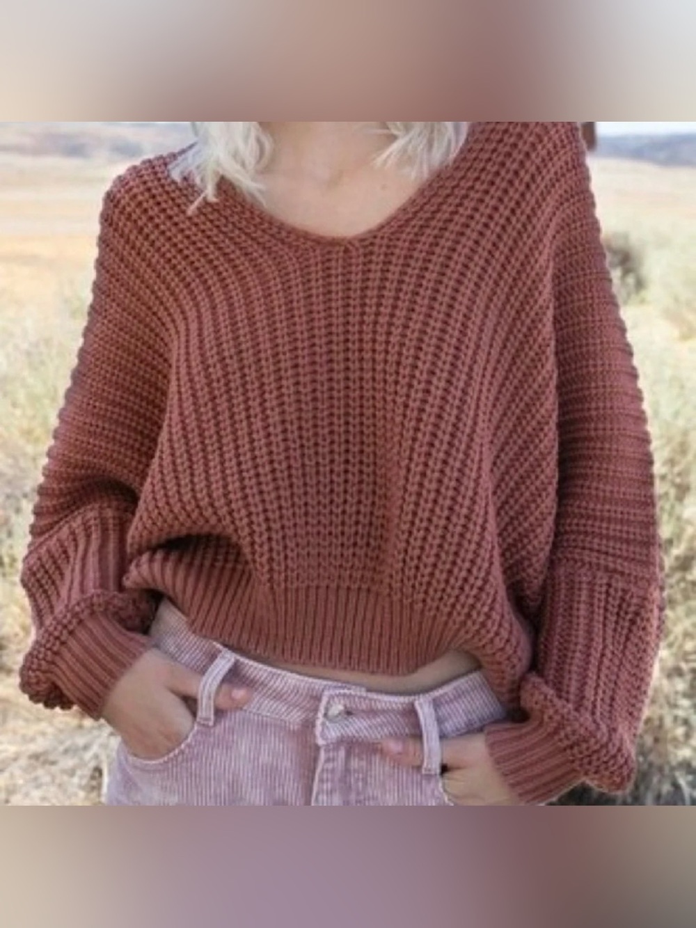 POL V-Neck Chunky Knit Sweater - Rust